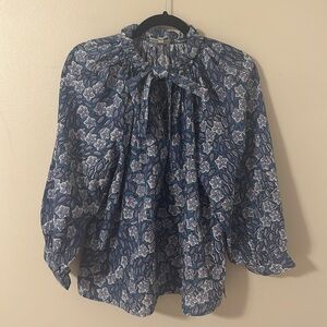 Fitzroy & Willa Cotton Long Sleeve Blue Floral Top Bow Small Cottagecore Preppy